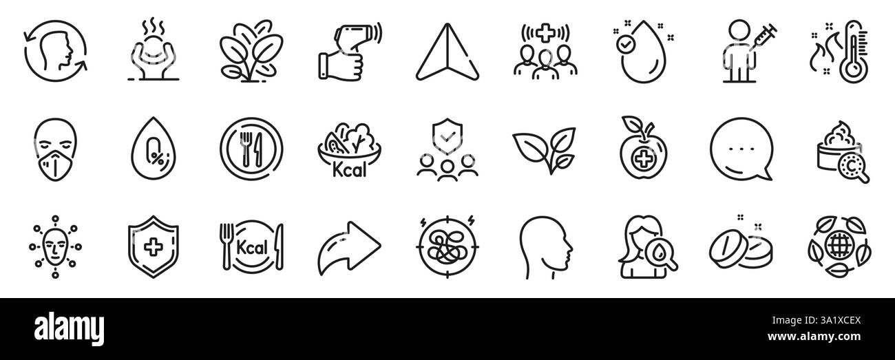 Medizinisches Schild, Gesichtsbiometrie und Headline Icons Paket. Symbole für „Teilen“, „Nachricht“, „Papierebene“. Lebensmittel, medizinische Maske, Öko Bio Web Symbol. Salat, kein Alkohos Stock Vektor