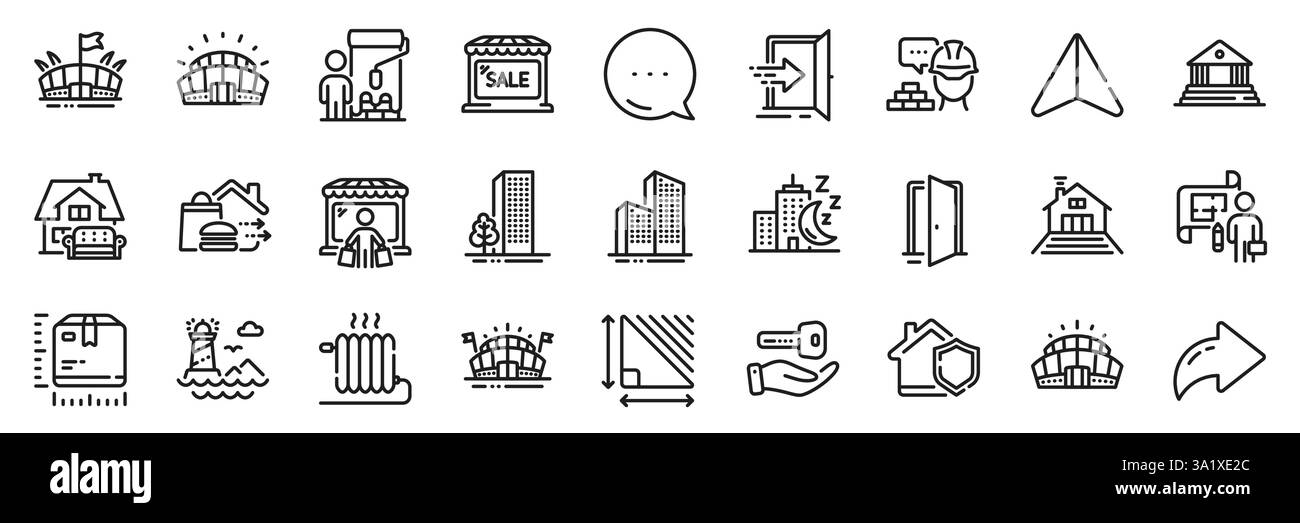 Verpackungsgröße, Kaufhaus und Planlinie Icons Pack. Symbole für „Teilen“, „Nachricht“, „Papierebene“. Nachtstadt, Essenslieferung, Möbelbewegung Web-Symbol. Doo öffnen Stock Vektor