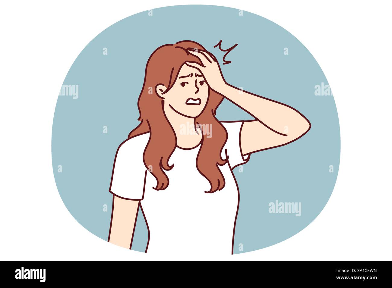 Gereizte Frau, die eine Handflächengeste macht, nachdem sie vom Kurierdienst von Lieferverzögerungen erfahren hat. Das gereizte Mädchen legt die Hand auf die Stirn und zeigt Angst und Müdigkeit in Verbindung mit psychischem Druck Stock Vektor