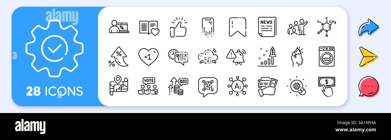Symbole für Love Book, Smartphone Recovery und QR-Codezeilen. Zinssatz, KI-Generierung, Inflationssymbole. Packung mit 5 g Wolke, Karte, Wäscheservice Symbol. Führung, P Stock Vektor