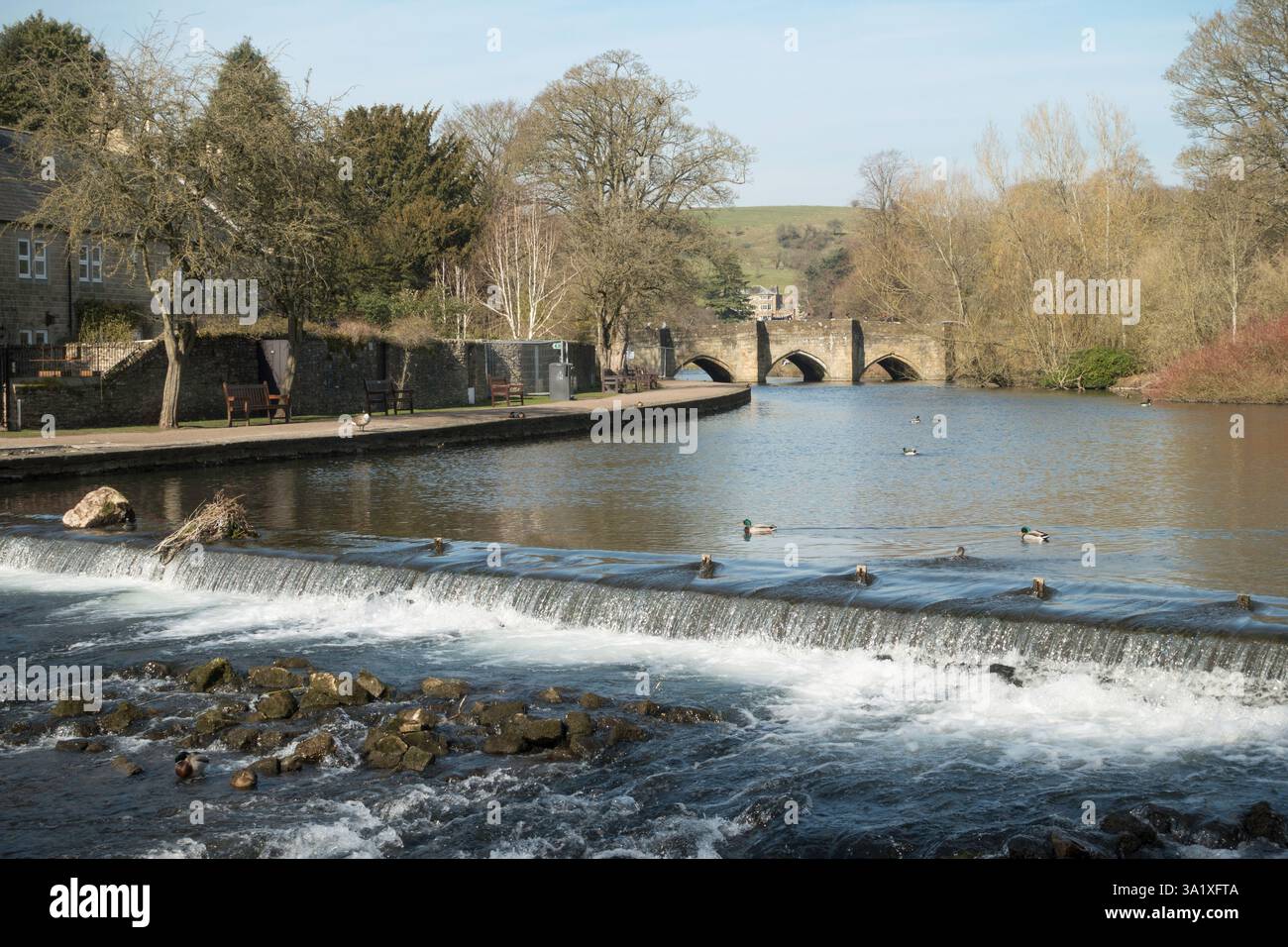 Der Fluss Wye in Bakewell, mit der alten Steinbogenbrücke im Hintergrund, Derbyshire, England, Großbritannien Stockfoto