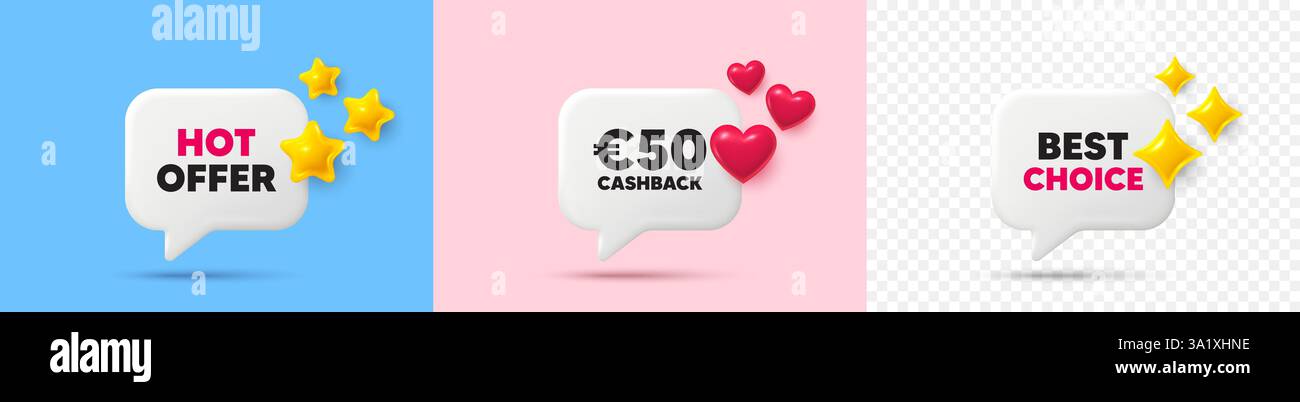 Sprechblase für Cashback-Chat. 3D-Sterne, Funkeln, Herz-Chat-Blasen. 50 EUR Cashback. Geld-zurück-Angebotsschild. Symbol für Cash-Back-Aktion. Heißes Angebot, am besten Stock Vektor