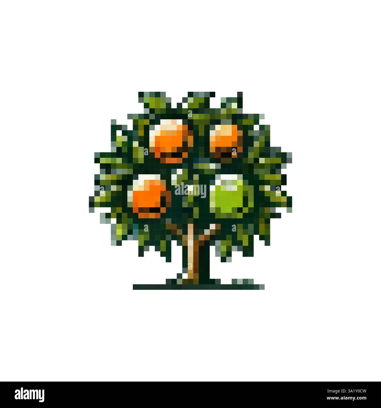 Baumlogo mit Fruchtvektor. Symbol für Mandarinenbaum. Frühlingsbäume. Obstbaum Vektor-Symbol Pixelstil. Stylischer Retro-Baum. Stock Vektor