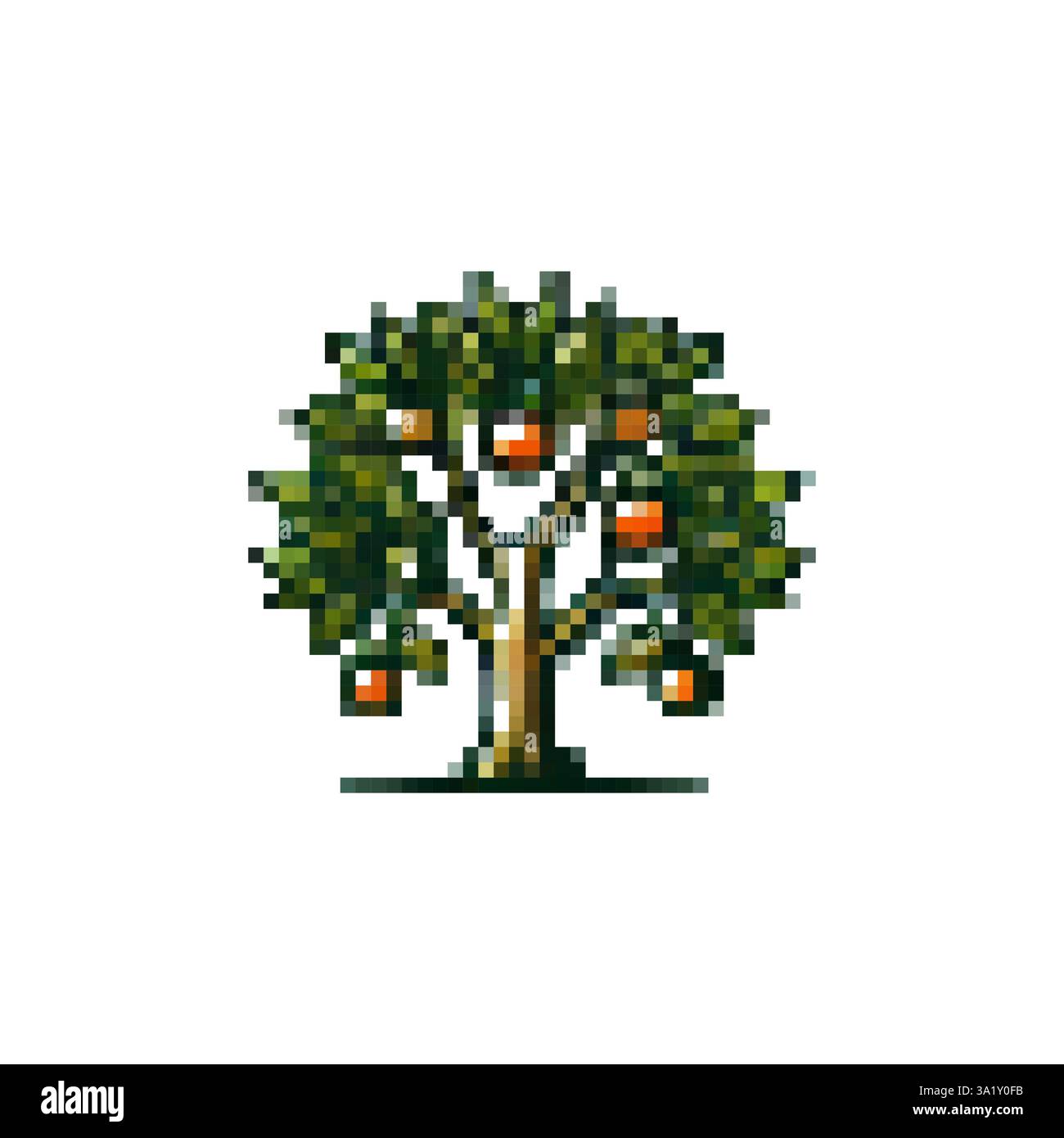 Baumlogo mit Fruchtvektor. Symbol für Mandarinenbaum. Frühlingsbäume. Obstbaum Vektor-Symbol Pixelstil. Stylischer Retro-Baum. Stock Vektor