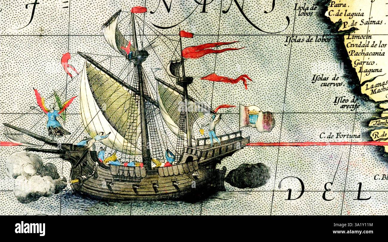 FERDINAND MAGELLAN (um 1480–1521) portugiesischer Entdecker. Detail aus einer Karte von 1590 des niederländischen Kartographen Abraham Ortelius, die die Victoria zeigt, das einzige Schiff seiner drei, das die erste Navigation der Welt vollendete. Stockfoto