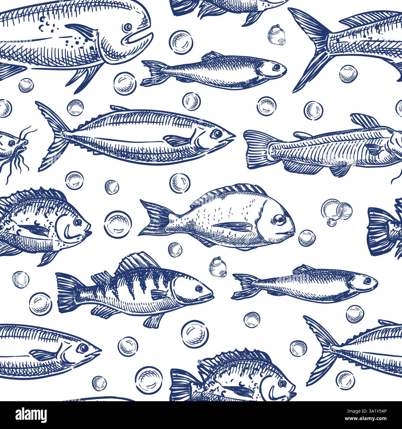 Ozeane Bewohner, Meereslebevektor Hand gezeichnete Skizze Illustration. Blaue Fische nahtloses Muster. Hintergrund mit Meeresfrüchten und Kritzeleien. Modischer Textildruck, Stock Vektor