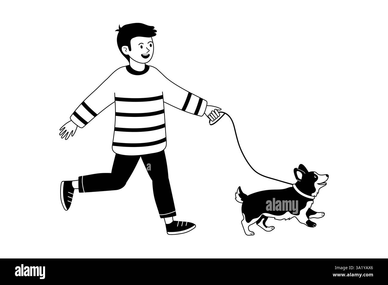 Spazieren Sie mit einem fröhlichen Corgi im Park an einem sonnigen Tag mit einem fröhlichen jungen Menschen Stock Vektor