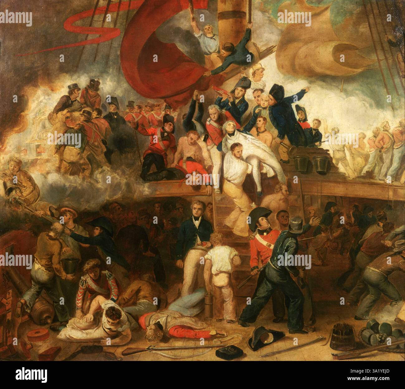 Die Schlacht von Trafalgar war ein großer Marineeinsatz, der vor der spanischen Küste bei Cadiz ausgetragen wurde. Das Ergebnis war ein großer Sieg für die Royal Navy. Sie sah die Zerstörung der französischen und spanischen Flotte und sicherte die britische Marineherrschaft für die nächsten 100 Jahre. Der britische Admiral Lord Nelson wurde in der Schlacht getötet, als er von jemandem auf dem französischen Schiff Redoutable erschossen wurde. Dieses Gemälde von Samuel Drummond zeigt, wie der geplagte Nelson von seiner Crew vom Quartierdeck abgesenkt wird. Stockfoto