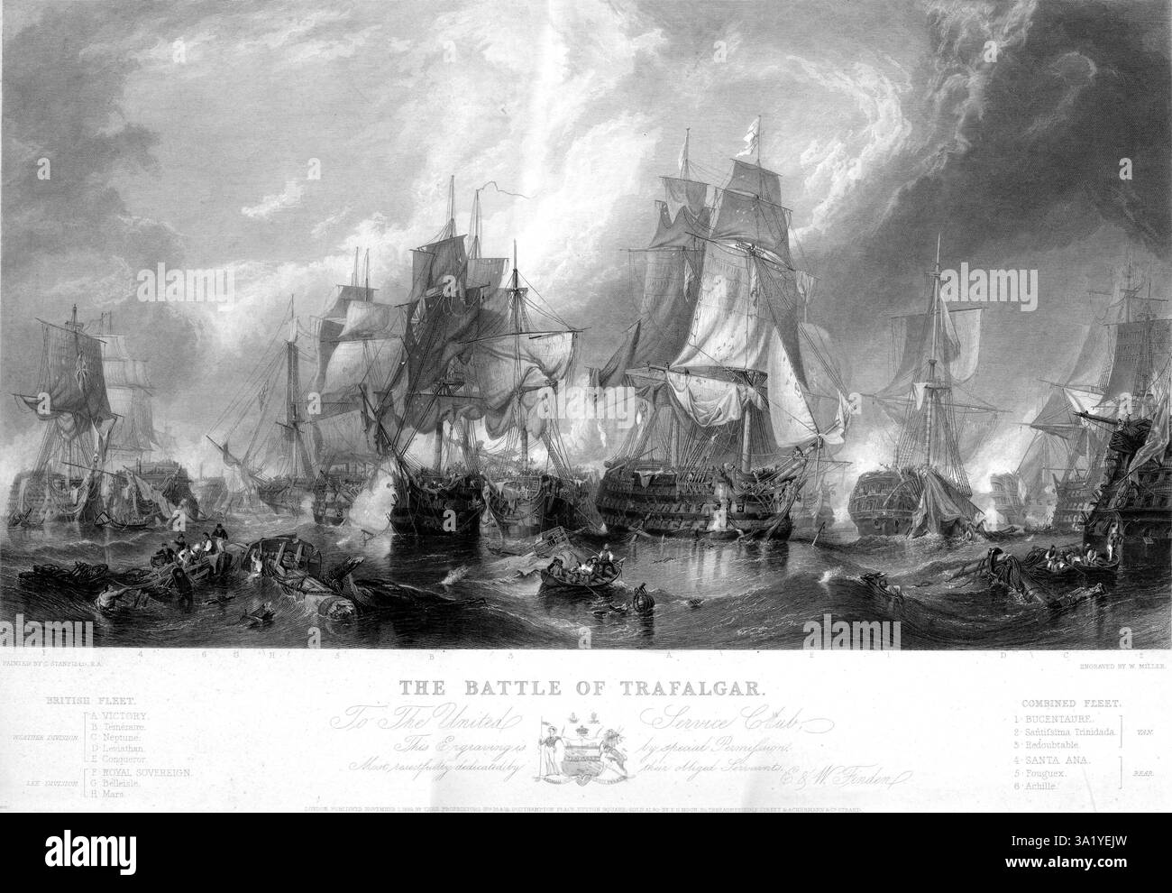 Die Schlacht von Trafalgar war ein großer Marineeinsatz, der vor der spanischen Küste bei Cadiz ausgetragen wurde. Das Ergebnis war ein großer Sieg für die Royal Navy. Sie sah die Zerstörung der französischen und spanischen Flotte und sicherte die britische Marinevorherrschaft für die absehbare Zukunft. Dieser Stich von William Miller zeigt die allgemeinen Choas der Schlacht. Stockfoto