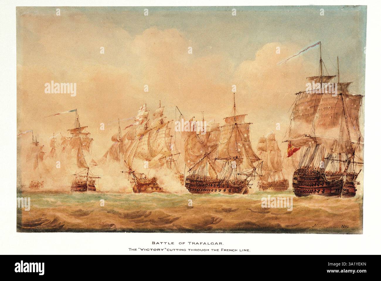 Die Schlacht von Trafalgar war ein großer Marineeinsatz, der vor der spanischen Küste bei Cadiz ausgetragen wurde. Das Ergebnis war ein großer Sieg für die Royal Navy. Sie sah die Zerstörung der französischen und spanischen Flotte und sicherte die britische Marinevorherrschaft für die absehbare Zukunft. Dieses Gemälde von Nicholas Pocock zeigt die HMS Victory, die durch die französische Linie schneidet. Stockfoto