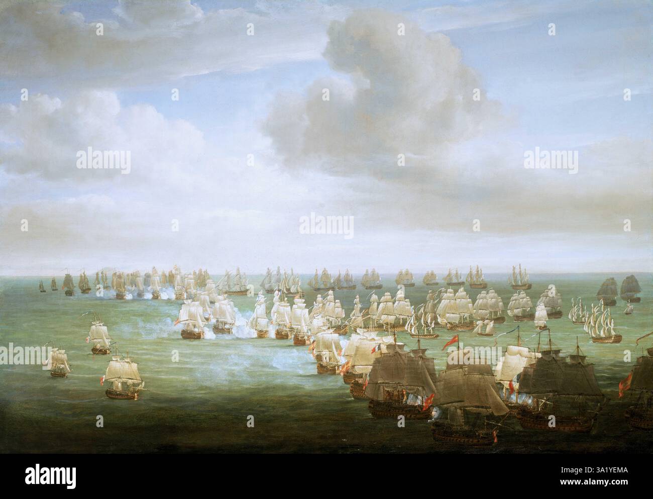 Die Schlacht von Trafalgar war ein großer Marineeinsatz, der vor der spanischen Küste bei Cadiz ausgetragen wurde. Das Ergebnis war ein großer Sieg für die Royal Navy. Sie sah die Zerstörung der französischen und spanischen Flotte und sicherte die britische Marinevorherrschaft für die absehbare Zukunft. Dieses Gemälde von Nicholas Pocock zeigt den Beginn der Verlobung. Die französischen und spanischen Schiffe fahren auf uns zu, und die Briten kommen von rechts in zwei Spalten an. Stockfoto