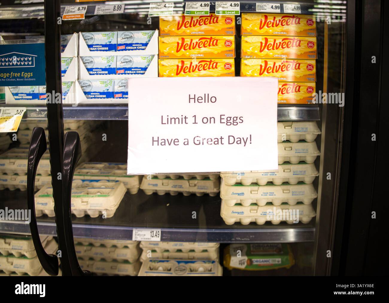 Ein Schild, das den Kauf von Eiern in einem Supermarkt einschränkt. Aufgrund der weit verbreiteten Ausbrüche der Vogelgrippe (Vogelgrippe) sind die Eier derzeit knapp. Stockfoto
