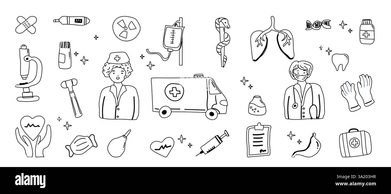 Medizinische Icons: Vielfältige Werkzeuge und Fachleute in der Bildgebung im Gesundheitswesen. Stock Vektor