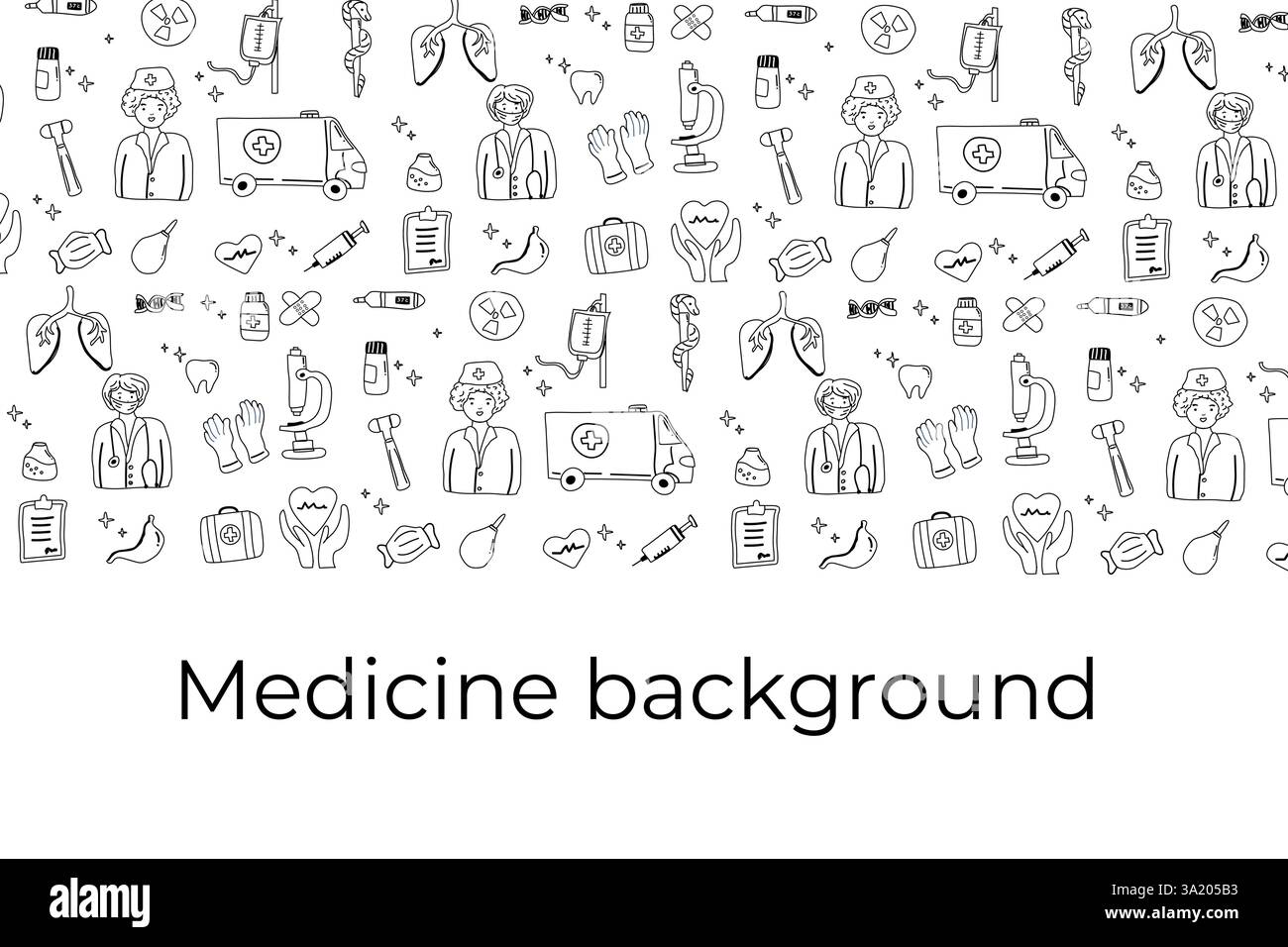 Kritzeln Sie medizinischen Hintergrund mit Gesundheitssymbolen und Symbolen. Stock Vektor