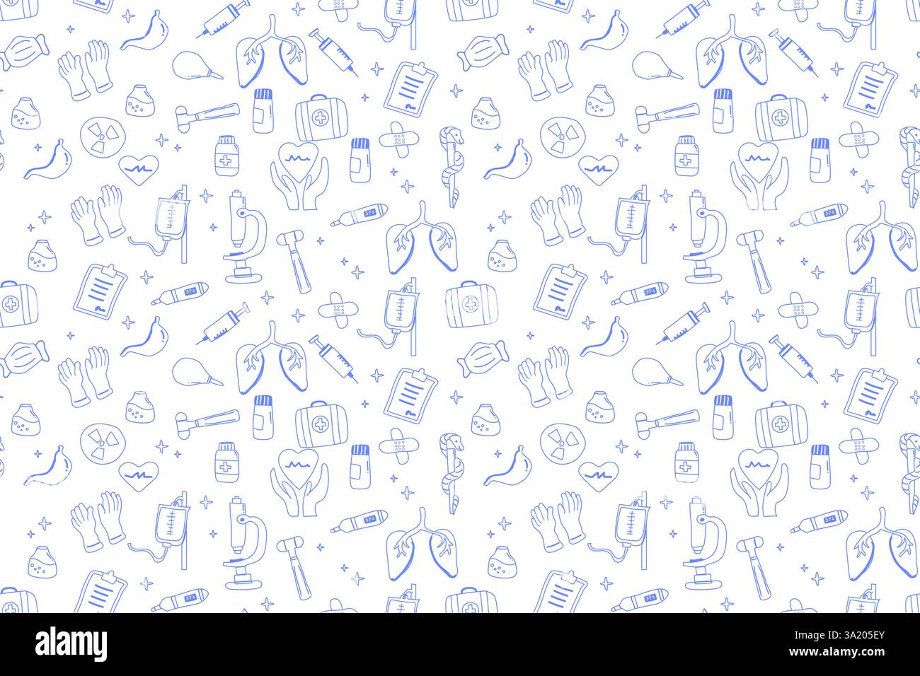 Blaues Muster medizinischer Symbole mit medizinischen Tools und Symbolen. Stock Vektor