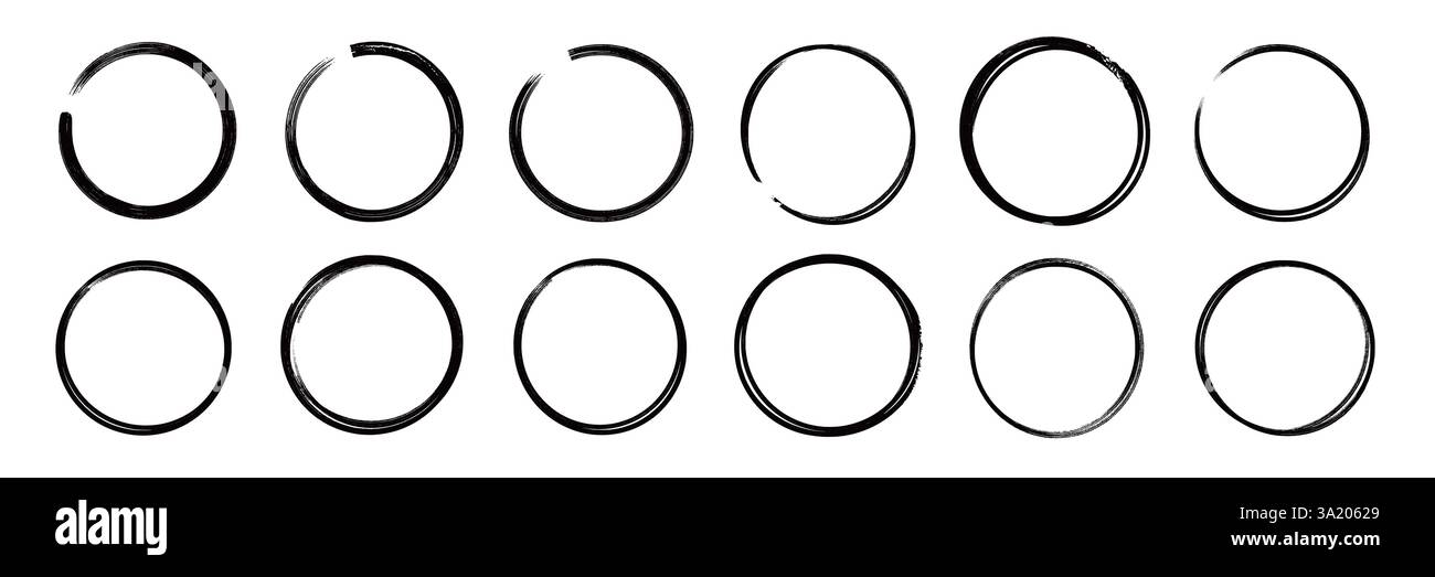 Pinselstrich Textur Kreis handgezeichnetes Elementset. Handgezeichneter Pinselstrich Kalligraphie-Rohlinienrahmen. Textur Kontur Kreis Hintergrund. Abstrakter Grunge-Stil mit Flecken. Vektorabbildung Stock Vektor