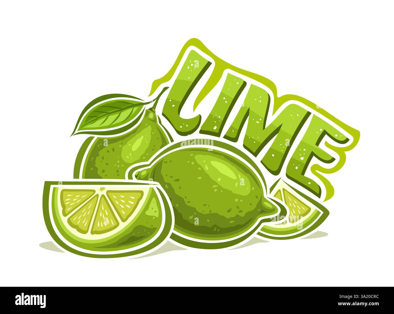 Vektor-Logo für Limette, horizontales dekoratives Poster mit Zeichentrickdesign grün fruchtiger Komposition, Gruppe von gehackten erfrischenden Limettenteilen und einzigartiger Bru Stock Vektor