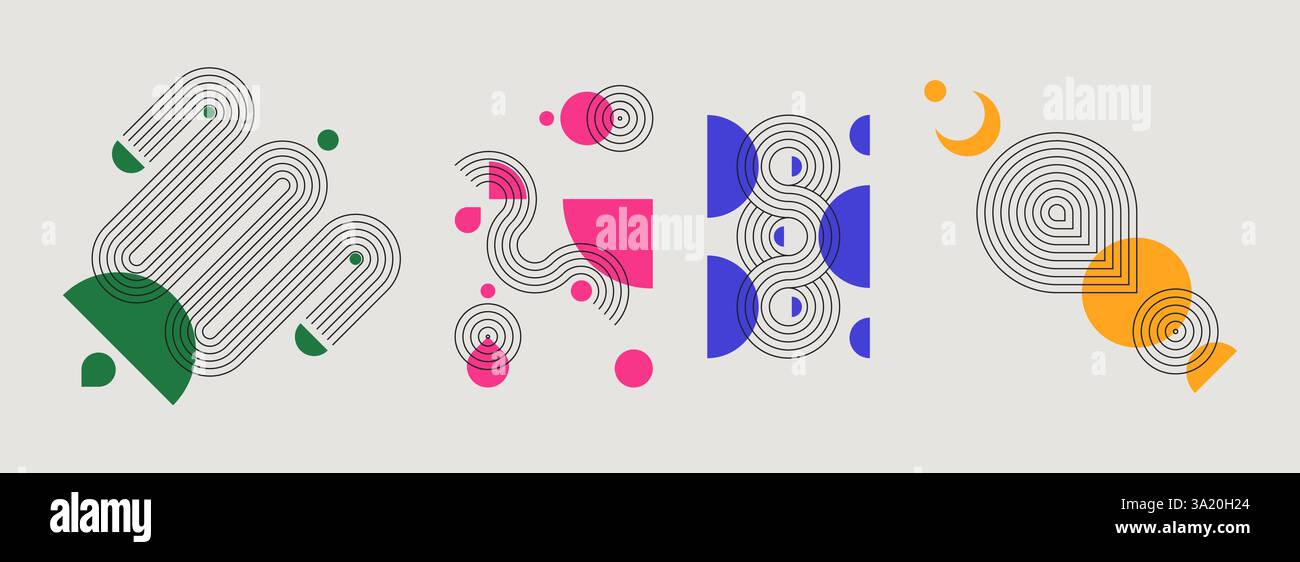 Farbenfrohe geometrische Formen, Linien und Muster – abstrakte kreative Designs mit minimalistischen geschwungenen Elementen, Bögen, Streifen und Kreisen. Verspielte Komposition im Mid Century-Stil. Dekorativer trendiger Vektor Stock Vektor
