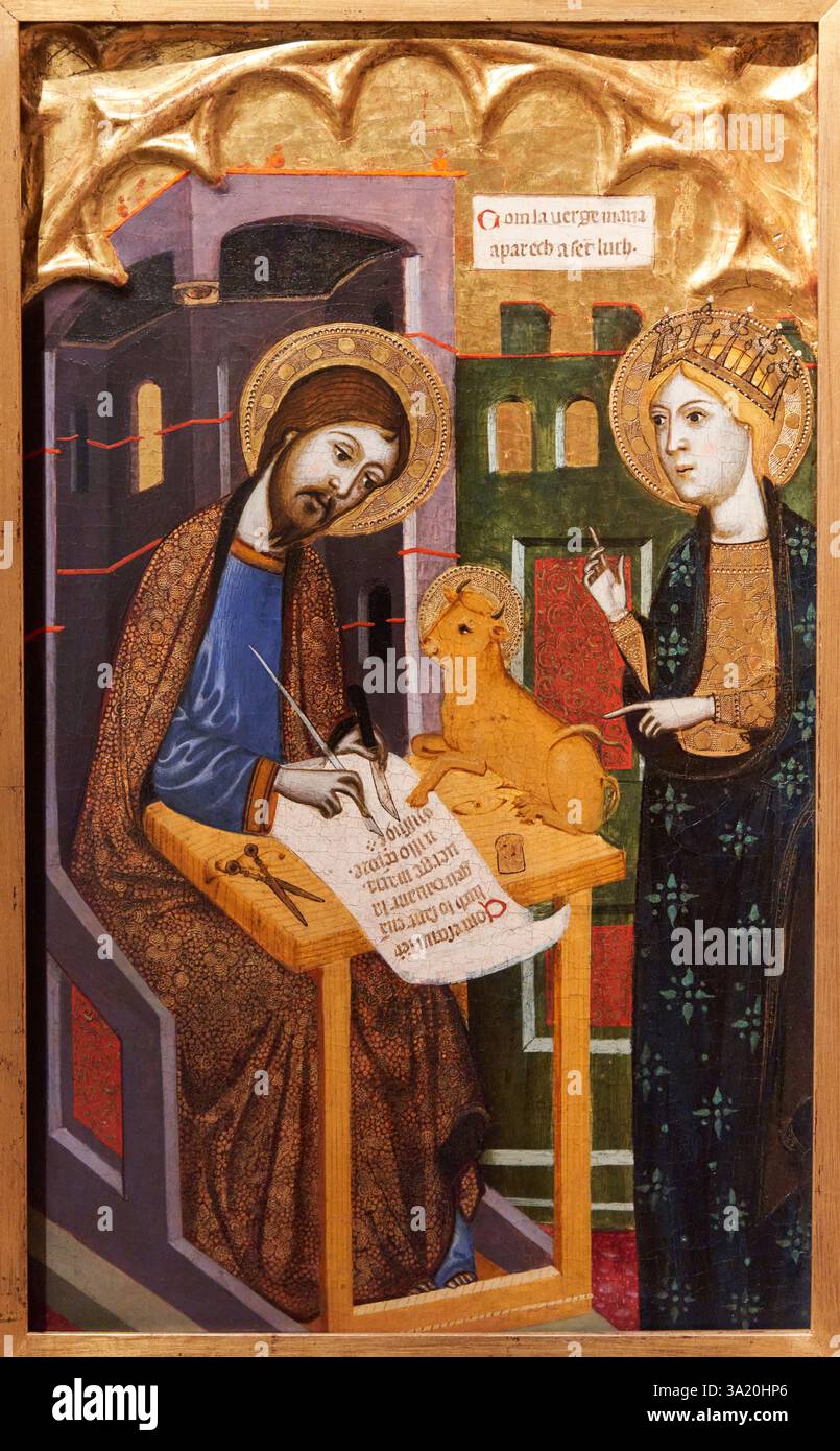 San Lucas escribe su evangelio al dictado de la Virgen, ca. 1375 - 1400, Temple y oro sobre tabla, LLORENC SARAGOSSÁ (1363 - 1406), Museo de Bellas Ar Stockfoto