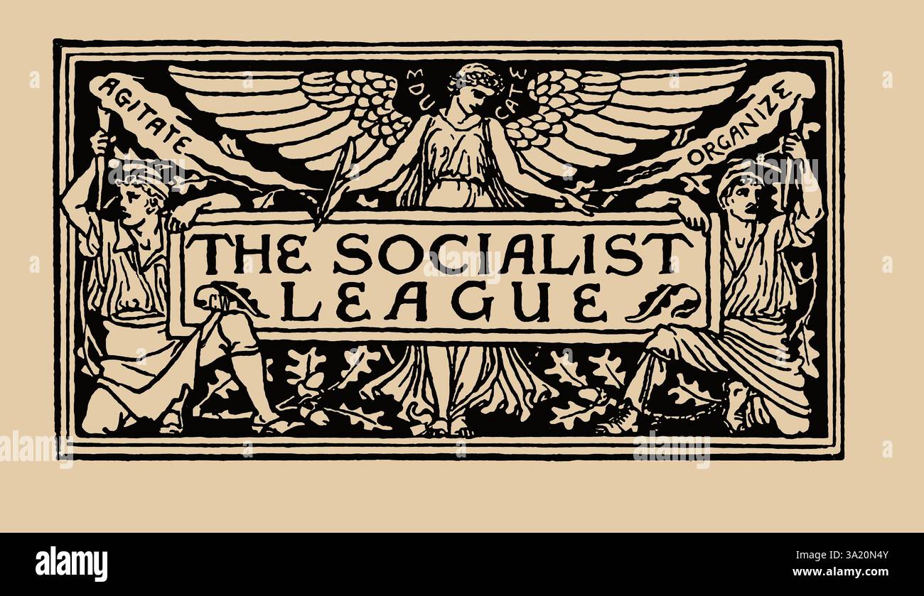Eine alte Logografie, die die SOCIALIST LEAGUE (UK) anwarnte, die zwischen 1932 (in Manchester) und 1939 als Zweig der Labour Party existierte. Sie entstand als Zusammenschluss zwischen dem National ILP Affiliation Committee (NILP) und der Society for Socialist Inquiry and Propaganda (SSIP). Stockfoto