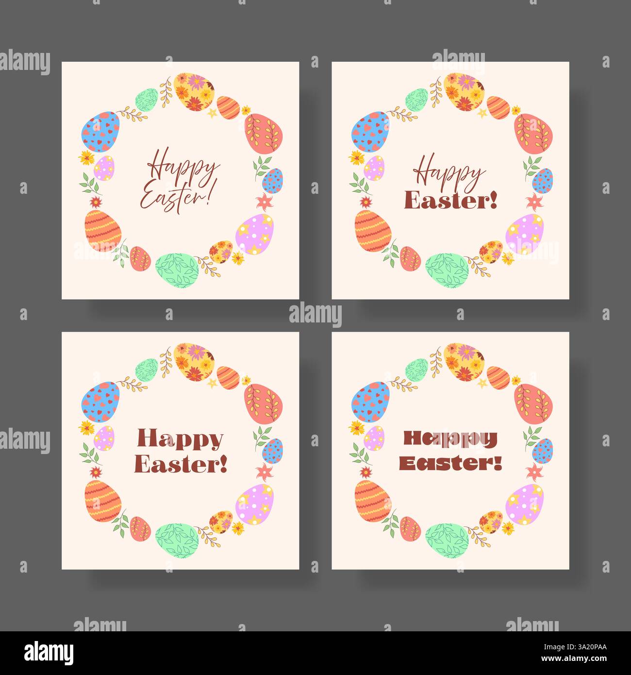 Eine Sammlung von vier Ostergrußkarten mit einem dekorativen Eierkranz mit verschiedenen Typografie-Variationen, perfekt für saisonale Feiern Stock Vektor