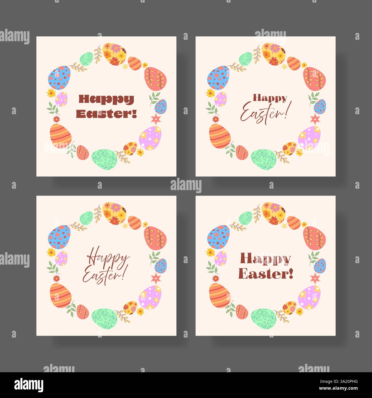 Eine Sammlung von vier Ostergrußkarten mit einem dekorativen Eierkranz mit verschiedenen Typografie-Variationen, perfekt für saisonale Feiern Stock Vektor