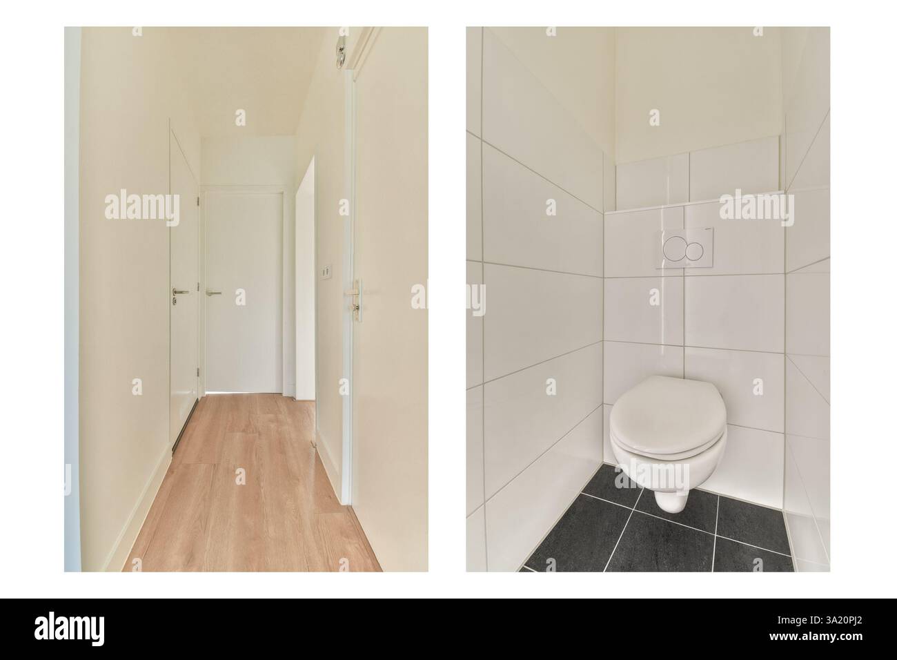 Ein sauberes und minimalistisches Interieur mit einem geräumigen Flur, der zu einer modernen Toilette mit neutralen Farben und eleganten Designelementen führt. Stockfoto