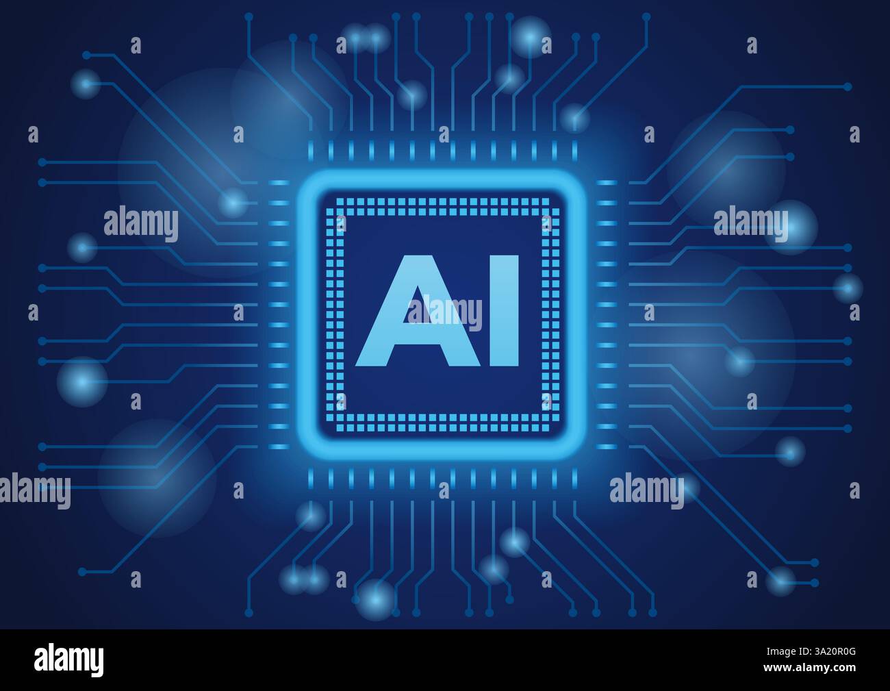 Vector Seamless AI Mikroprozessor Konzept Illustration auf Einem dunkelblauen Hintergrund. Horizontal Und Vertikal Wiederholbar. Stock Vektor