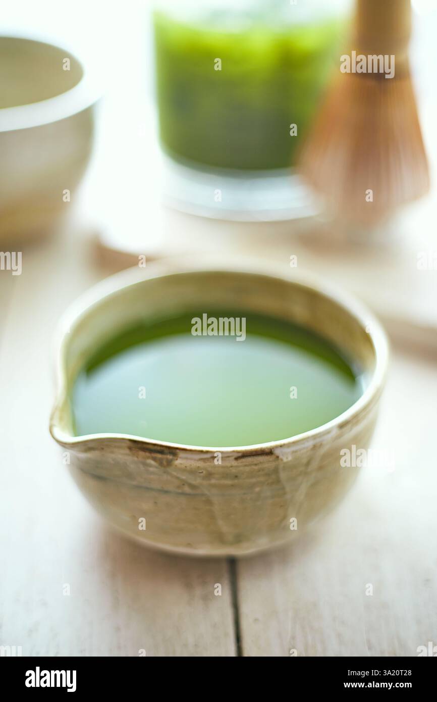 Nahaufnahme pures Matcha-Grüntee, Cafe-Menü Stockfoto