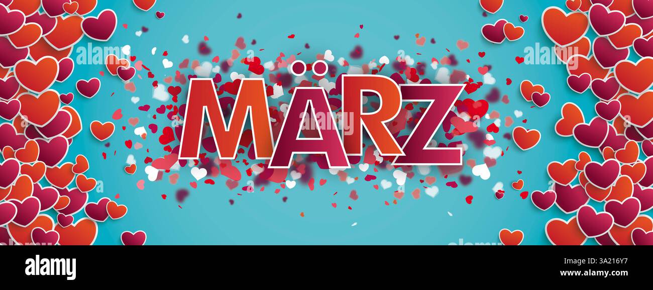 Cyan Header Flying Hearts Side Maerz Deutscher Text Maerz übersetzen März. Stockfoto