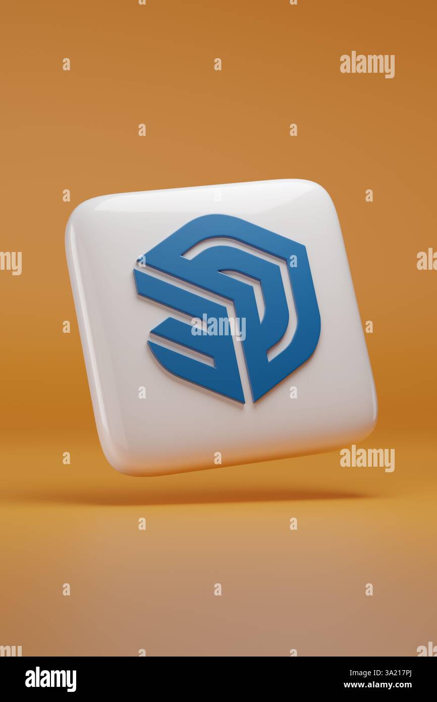 Buenos Aires, Argentinien - 9. März 2025: Dreidimensionales Logo von SketchUp auf orangem Hintergrund. 3D-Abbildung. Stockfoto