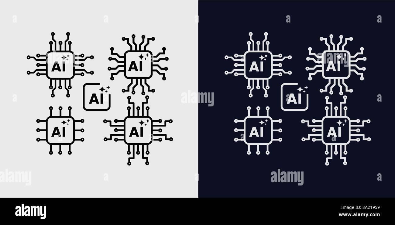 Künstliche Intelligenz Ikonen Ai, Gehirn, Tech Chip Stock Vektor