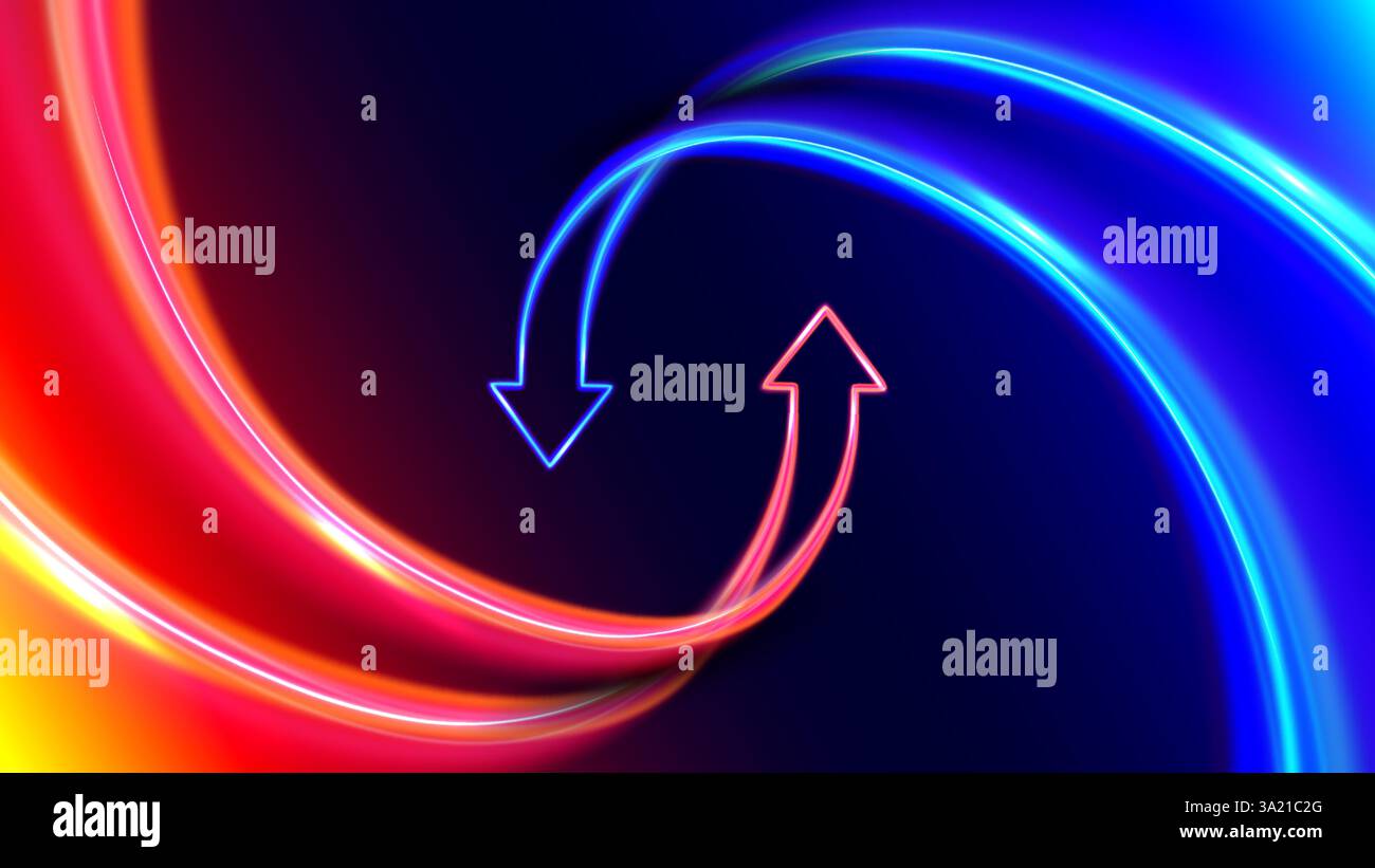 Zirkulationspfeile in Bewegung. Heiß und kalt. Futuristischer 3D-Neon-Style. Zwei Pfeile runden sich ab. Umtausch und Geldtransfer. Stock Vektor