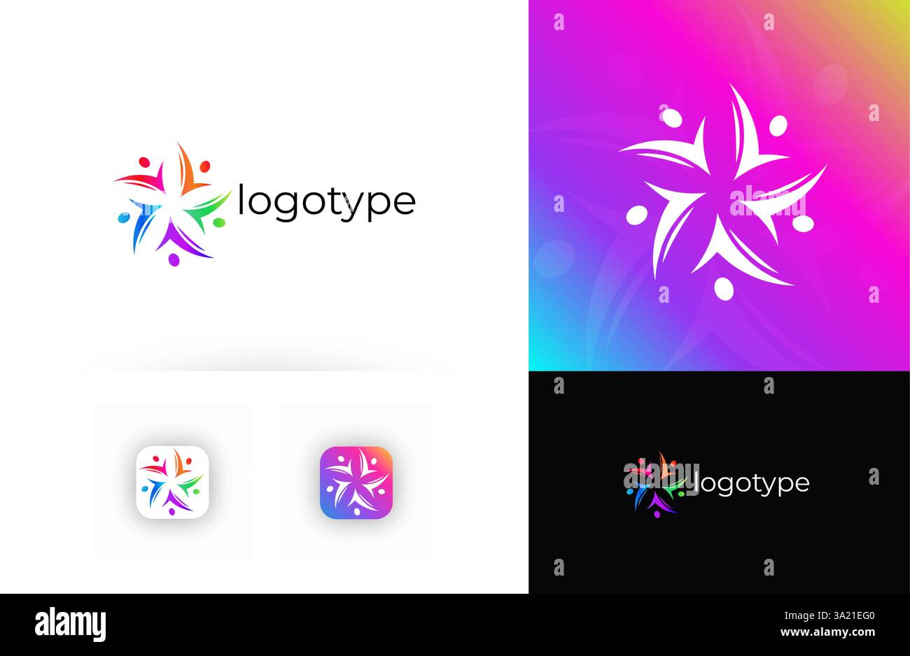 Das abstrakte Logo der Star-menschlichen Figuren symbolisiert Einheit, Teamwork, Vielfalt. Geeignet für Wohltätigkeitsorganisationen, soziale Stiftungen, Bildung, Business Branding Stock Vektor