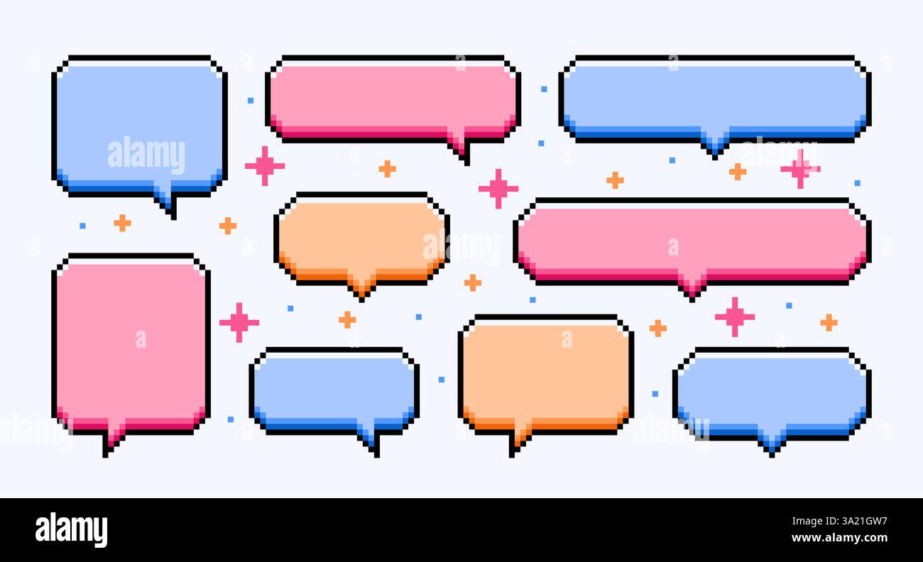 Bunte, pixelige Sprachblasen. Pixelart-Dialogfelder im 8-Bit-Stil. Vektorabbildung Stock Vektor