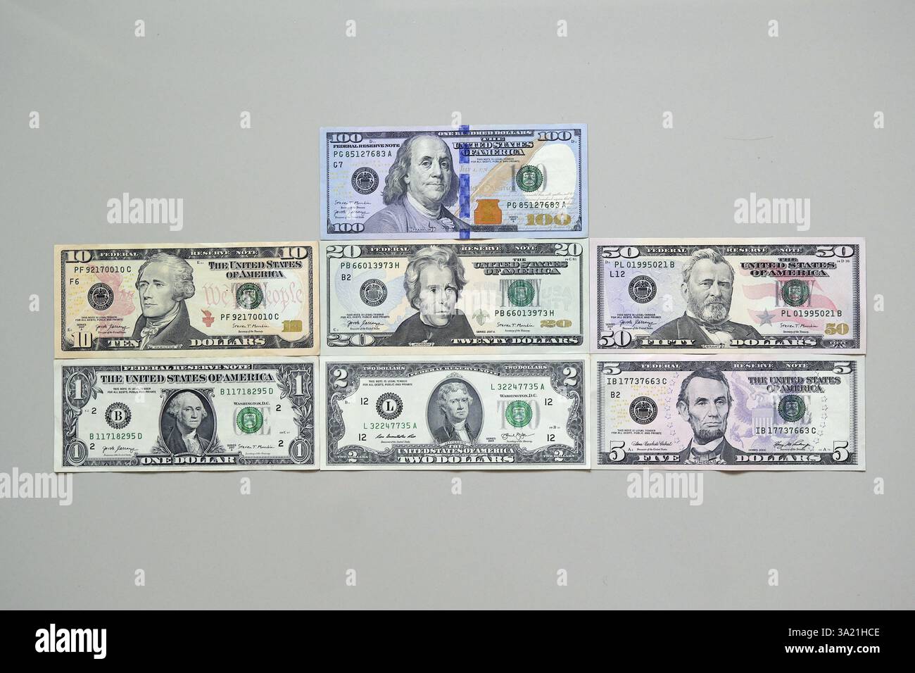 Aktuelle Dollar-Banknoten 1, 2, 5, 10, 20, 50, 100 Dollar Stockfoto