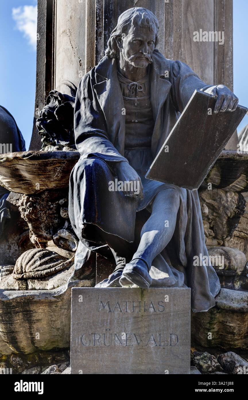 Mathias Gruenewald Brunnenfigur am Frankoniabrunnen, neobarock, errichtet 1894, Residenzplatz, Würzburg, Niederfranken, Bayern, Deutschland Stockfoto