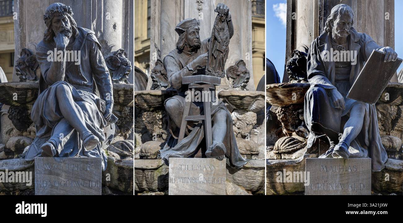 Brunnenfiguren, Walther von der Vogelweide, Tilmann Riemenschneider und Mathias Gruenewald auf den Frankoniabrunnen, neobarock, geschaffen 1894, re Stockfoto