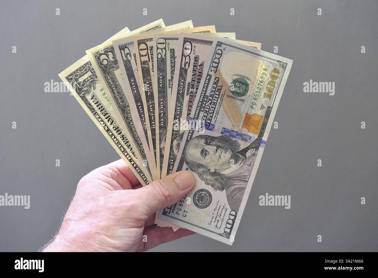 Aktuelle Dollar-Banknoten 1, 2, 5, 10, 20, 50, 100 Dollar als Fans in der Hand Stockfoto