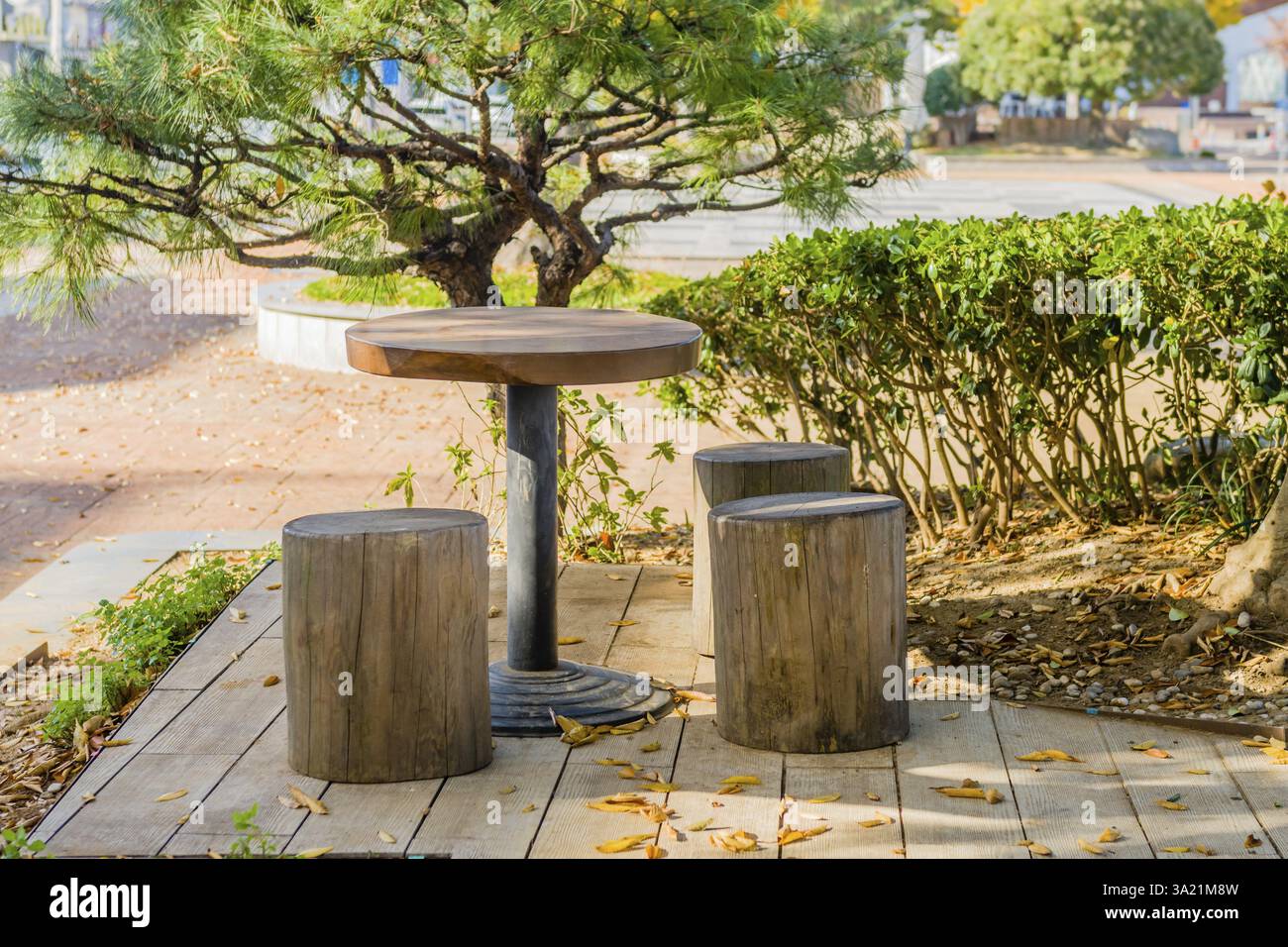 Ein Sitzbereich im Freien mit einem runden Tisch, Hockern und einer Kulisse aus Bäumen und Sträuchern, aufgenommen in Wando, Südkorea und Asien Stockfoto