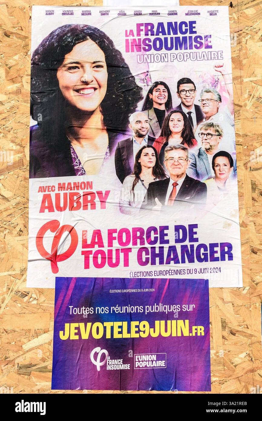 9. Juni 2024 Wahlplakat zum Europäischen Parlament für den französischen Kandidaten Manon Aubry und die "La France Insoumise" / Volkspartei der Union. Stockfoto