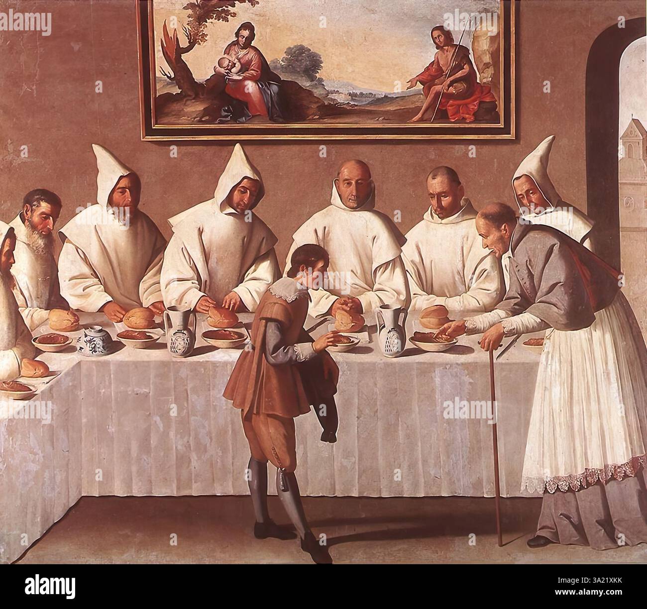 Zurbarán, Francisco de (* 1598, Fuente de Cantos, d. 1664, Madrid) St. Hugo von Grenoble in der Kartause um 1633 Öl auf Leinwand, 102 x 168 cm Museo de Bellas Artes, Sevilla Zurbarán Gemälde einer Kartause spiegelt intensiv das ideal dieses Ordens von Einsiedlermönchen wider: Einfachheit, Nüchternheit und stille Besinnung. Der Raum ist nicht geschmückt, aber für ein Gemälde, das die Jungfrau und das Kind mit Johannes dem Täufer in der Wildnis zeigt - eine Inspiration für die Mönche. Ein bogenförmiger Eingang öffnet sich zu einer typisch einfachen Kartäuserkirche. Die Mönche, in weißen Cassocken gekleidet, AR Stockfoto