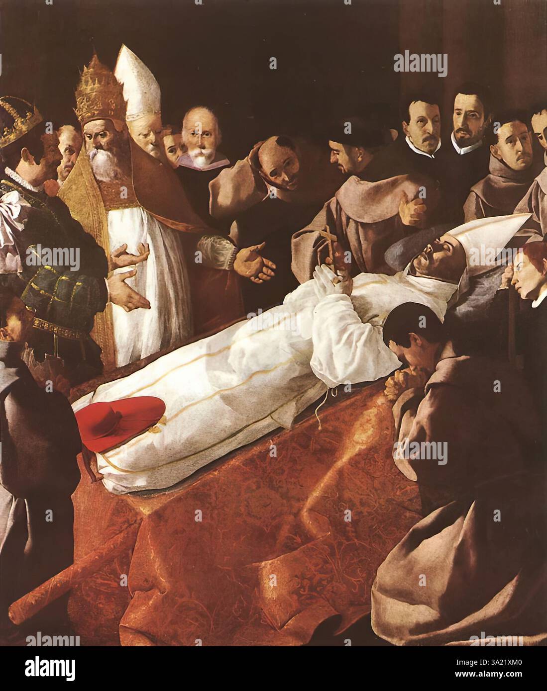 Zurbarán, Francisco de (* 1598, Fuente de Cantos, d. 1664, Madrid) das liegende St. Bonaventura 1629 Öl auf Leinwand 250 x 225 cm Musée du Louvre, Paris das Gemälde gehörte zu einer Reihe von Bildern, die nun verstreut sind (Berlin, Dresden, Genua), gemalt für ein Kloster in Sevilla und thematisiert das Leben des heiligen. Der Körper des heiligen, gekleidet in die glänzenden weißen Gewänder eines Bischofs, das Kreuz in seinen gefalteten Händen fasst, liegt in Zustand auf einem Bier, das in üppigem Brokat gehüllt ist, mit der roten Biretta des Kardinals zu seinen Füßen. Papst Gregor X., der ihn zum Kardinal ernannt hatte Stockfoto