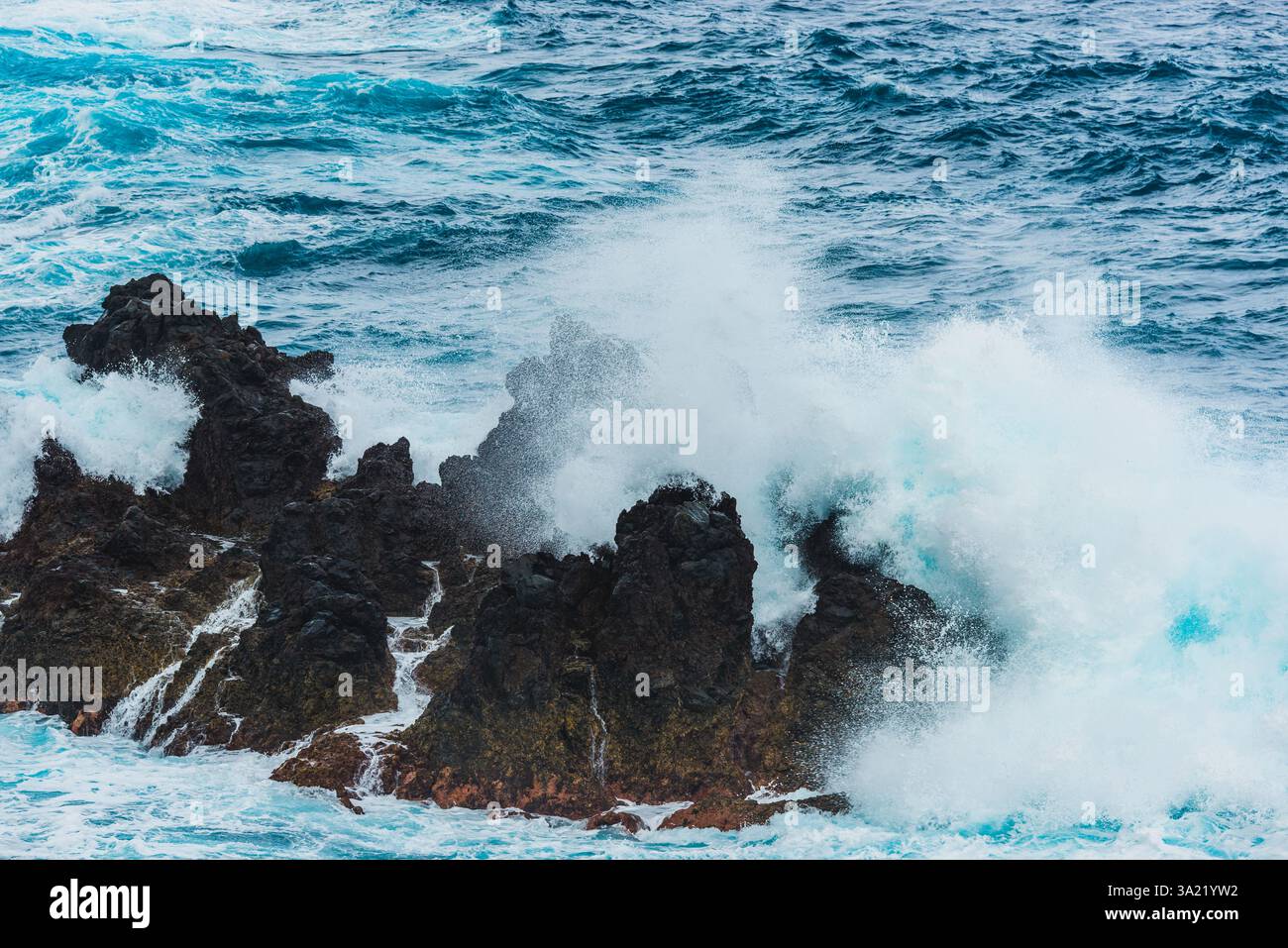 Mächtige Wellen krachen entlang der Küste von Madeira gegen dunkle Felsen und zeigen die raue Schönheit und Energie des Ozeans an einem stürmischen Tag. Die SKY App Stockfoto