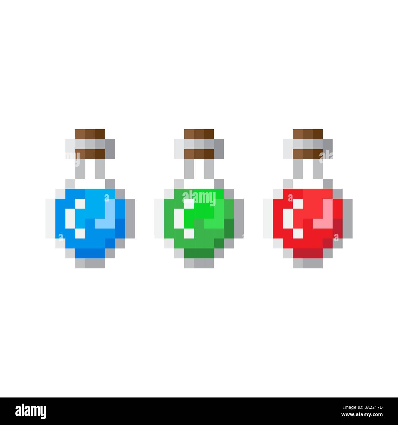 Tränkflaschen Vektor. Pixelart. Bunte Flüssigkeitsbehälter. Von Minecraft inspiriertes Design. Stock Vektor