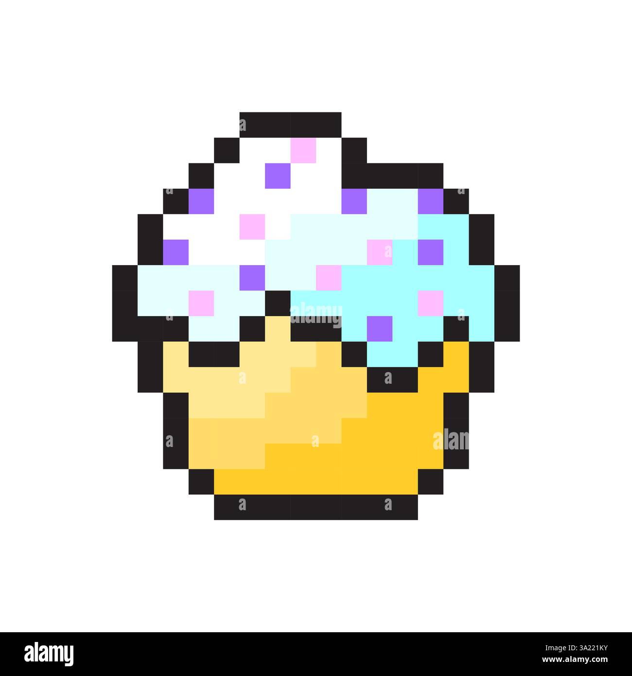 Cupcake-Vektor-Symbol. Pixelart. Blaue Zuckerguss-Streusel. Goldenes Grunddesign. Stock Vektor