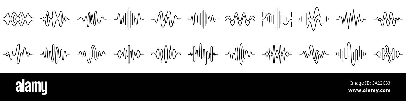 Symbol für Schallwellen. Satz schwarzer linearer Schallwellen. Bearbeitbare Kontur. Stock Vektor