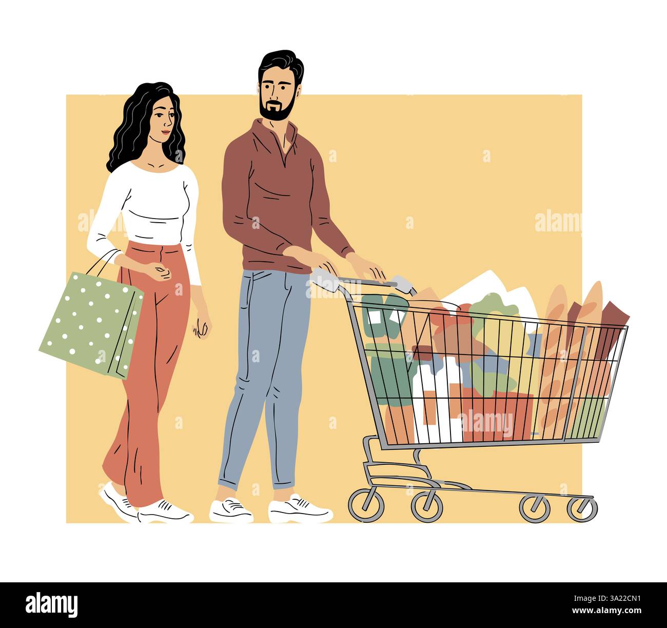 Ein junges Paar mit einem Einkaufswagen im Supermarkt Stock Vektor