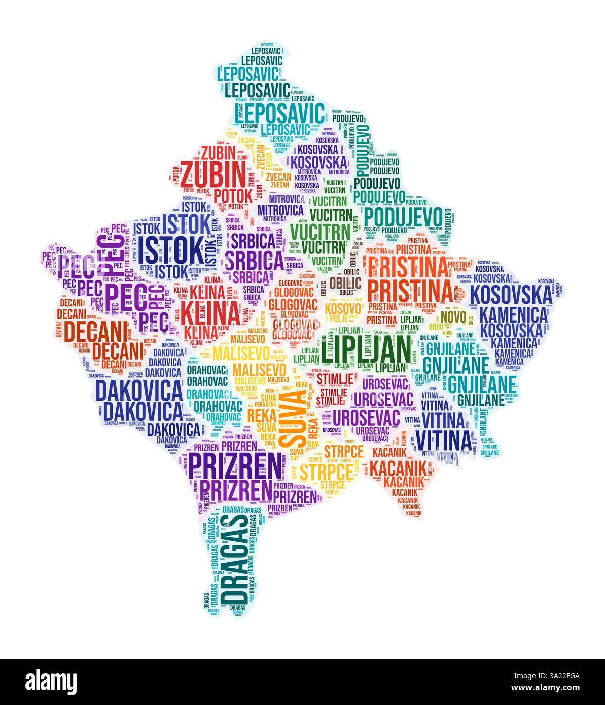 Wortwolke der Region Kosovo. Ländliches Design. Kosovo farbige Abbildung. Bereichsnamen Collage Cloud. Vektorabbildung. Stock Vektor
