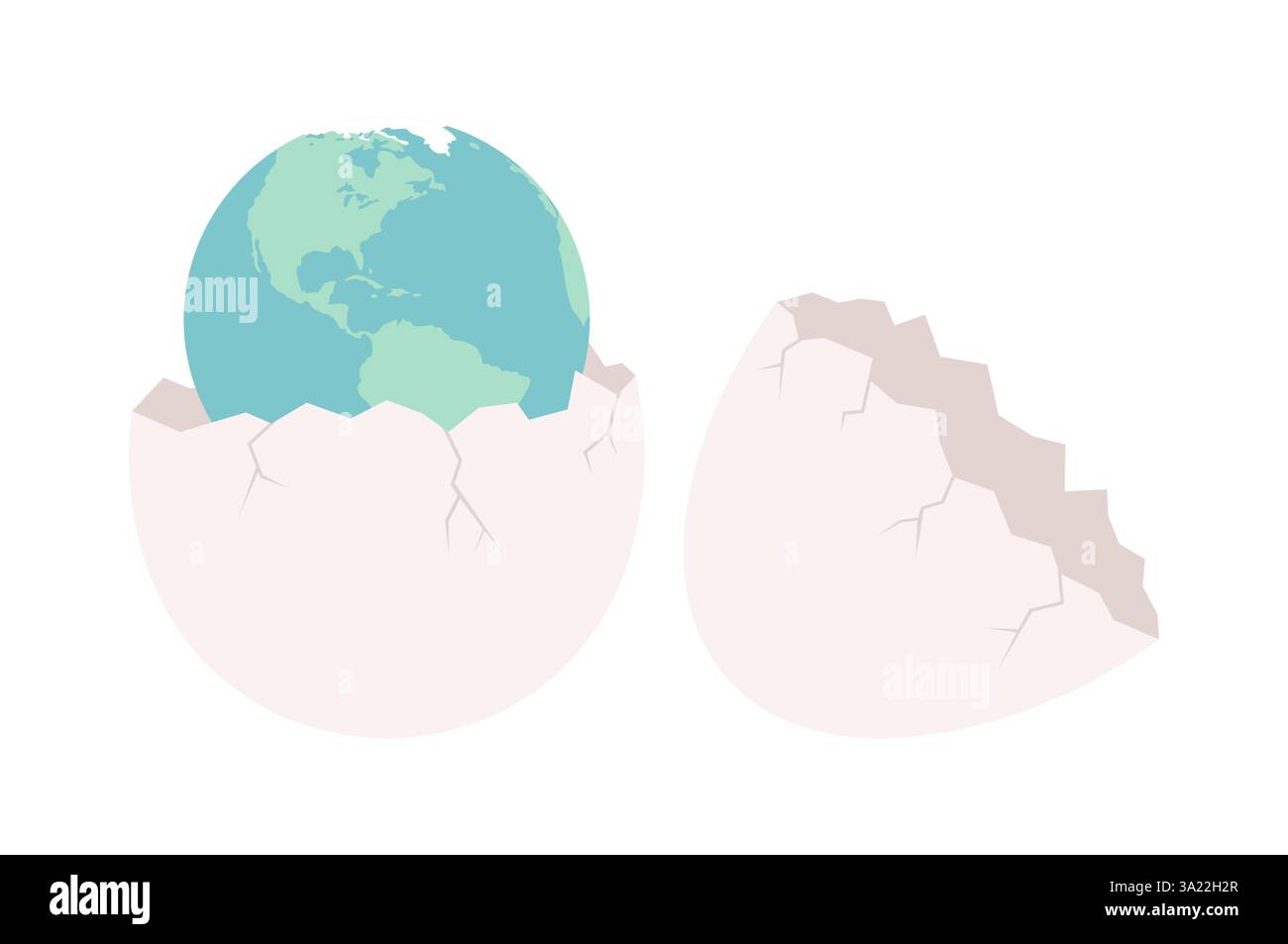 Gebrochene Eierschale mit Erdkugel im Inneren, isoliert auf weißem Hintergrund. Illustration des flachen Vektors Stock Vektor